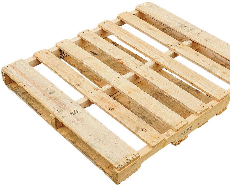 Wooden pallet in close-up view, showing standard slats and size.